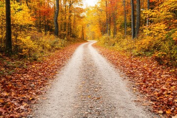 Obraz premium A serene gravel path winds through a vibrant autumn forest, lined with colorful foliage and scattered leaves.