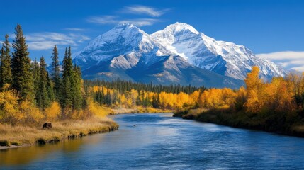 Obraz premium A breathtaking view of a river flowing through autumn forests, with majestic mountains capped in snow under a bright blue sky.