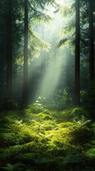 Obraz premium A serene forest scene with sunlight filtering through trees, illuminating the lush green undergrowth and creating a tranquil atmosphere.
