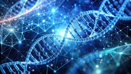 DNA strand weaving through mathematical formulas and geometric shapes, DNA, strand, mathematics, formulas, geometric