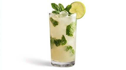 A refreshing mojito cocktail with mint leaves, lime wedges, and ice cubes, served in a tall glass.