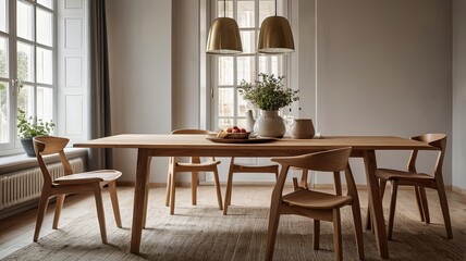 Modern dining room with wooden table and chairs, featuring decor.