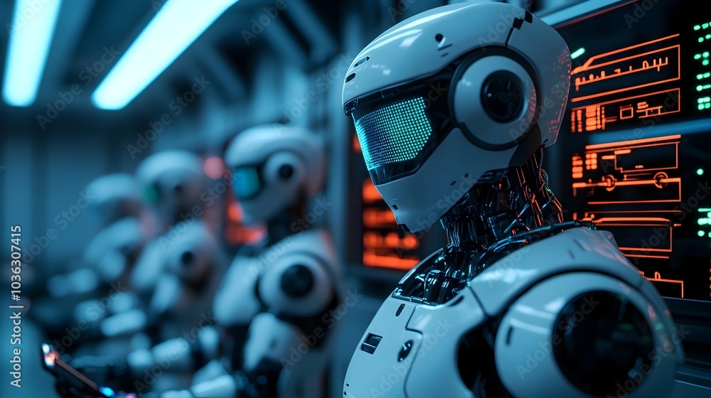 Aufkleber a group of advanced humanoid robots efficiently carrying out car maintenance and repair tasks guided