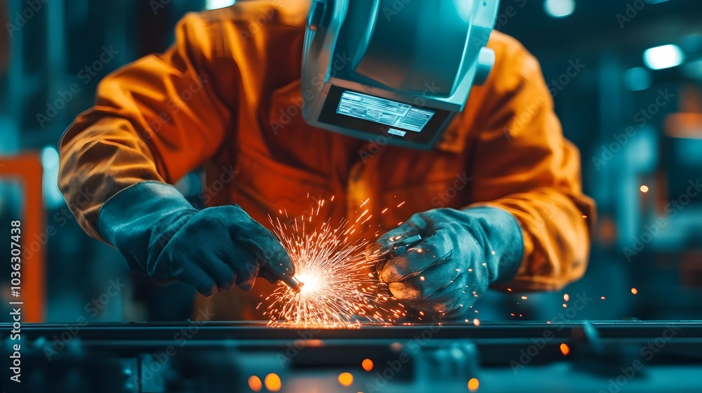 Poster advanced robot performing precision welding on a car chassis with a holographic guidance system visi