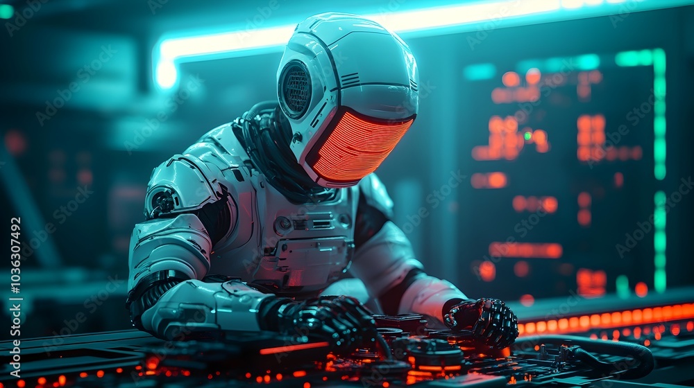 Poster skilled ai powered robotic welder working on car chassis in a dark neon illuminated workshop with ho