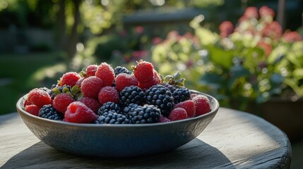 A selection of mixed berries placed in a bowl, with a scenic garden in the background.