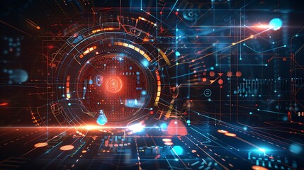 A futuristic digital interface with vibrant colors and abstract patterns, representing technology and data flow.