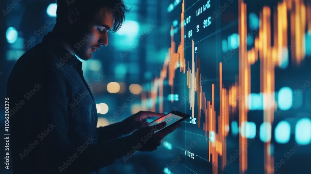 Poster a person analyzing financial data on a tablet with digital graphs in the background.