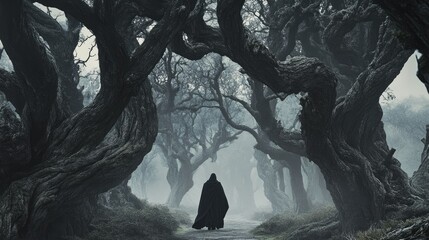 A spooky forest filled with mist, where gnarled trees and twisted branches loom ominously. A mysterious figure in a hooded cloak walks down the path.