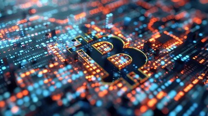 Obraz premium A digital representation of Bitcoin symbol on a circuit board background, highlighting cryptocurrency technology.