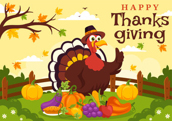 Happy Thanksgiving Day Vector Illustration with Turkey, Pumpkins, Leaves, and Various Other Elements in a Flat Style Cartoon Background