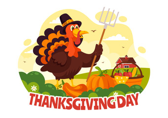 Naklejka premium Happy Thanksgiving Day Vector Illustration with Turkey, Pumpkins, Leaves, and Various Other Elements in a Flat Style Cartoon Background