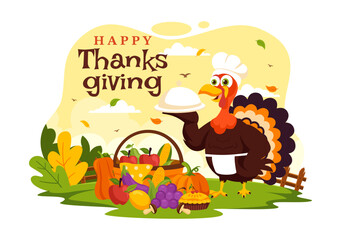 Happy Thanksgiving Day Vector Illustration with Turkey, Pumpkins, Leaves, and Various Other Elements in a Flat Style Cartoon Background