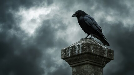 Raven on a Tombstone Under a Dark Sky