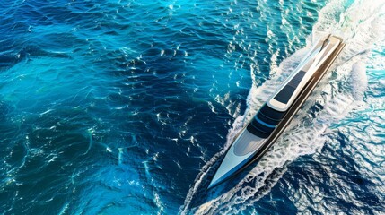 Obraz premium A futuristic high-speed ferry cruising across a bright blue ocean, with attention to the ferry鈥檚 cutting-edge design and the clear, open waters