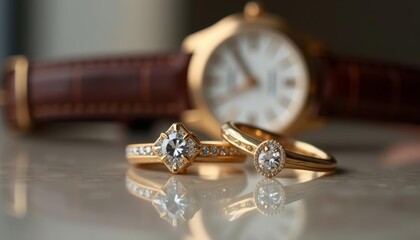  Timeless elegance  A watch and diamond rings on a reflective surface