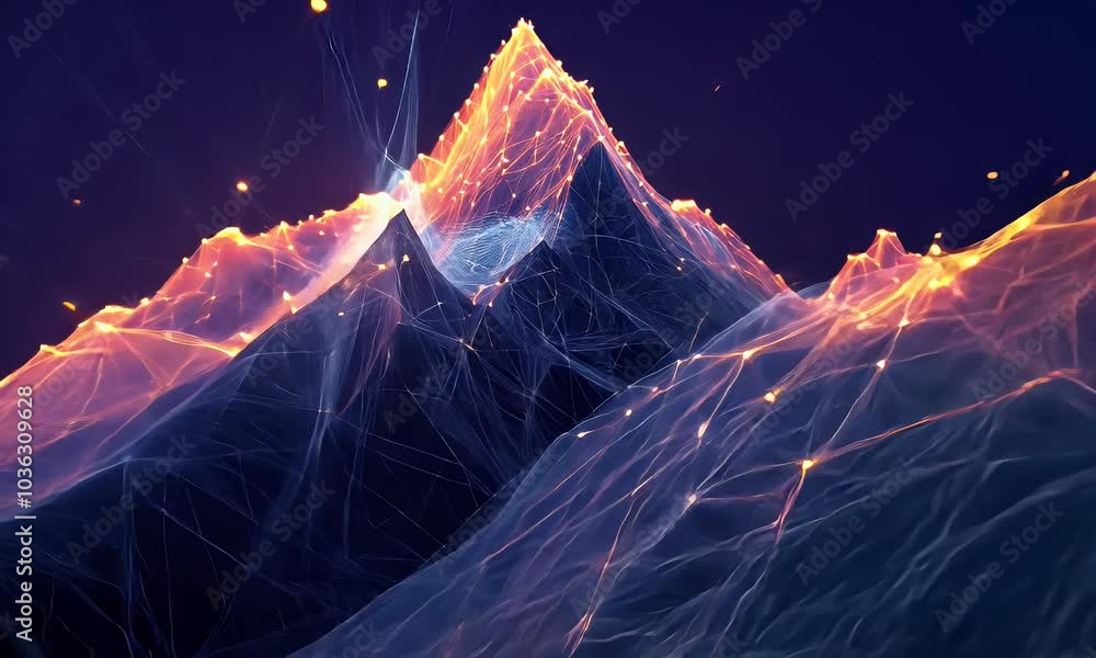 Poster a dark mountain range made of glowing data points and lines, representing the vastness of big tech's