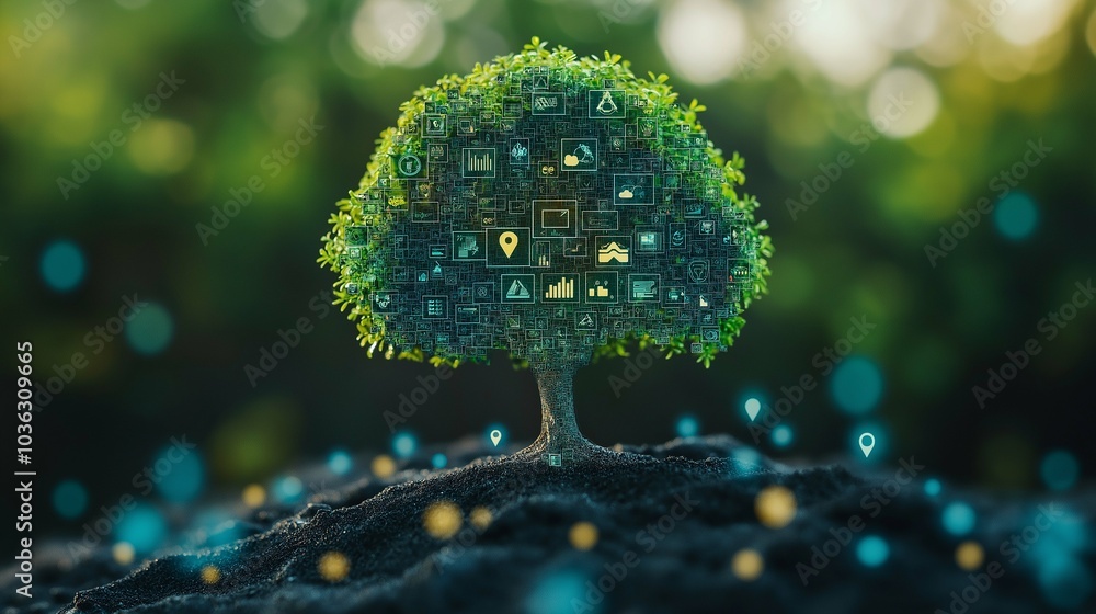 Poster abstract growing tree with icons representation
