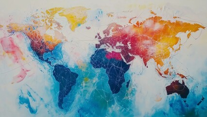 Obraz premium A world map with network lines connecting different continents, symbolizing international collaboration, United Nations Day