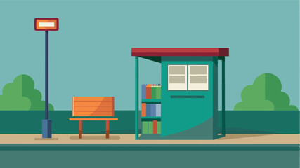 Fototapeta premium Next to a bus stop a small box houses books for travelers to take on their journey or bring a book of their own to leave for the next person.. Vector illustration