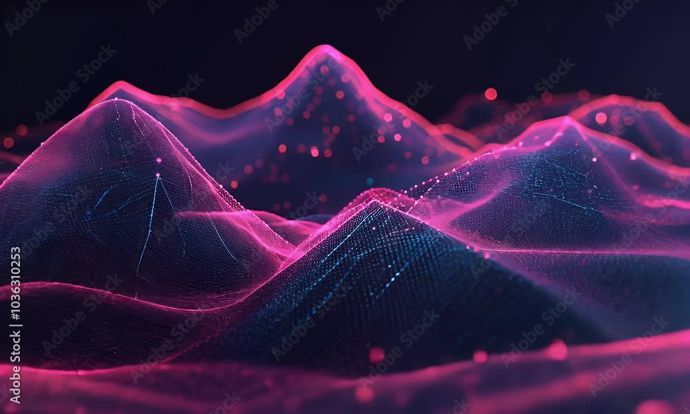 Poster a dark mountain range made of glowing data points and lines, representing the vastness of big tech's