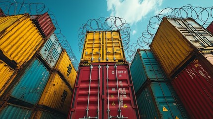 Fototapeta premium Stacked Cargo Containers Under Blue Sky