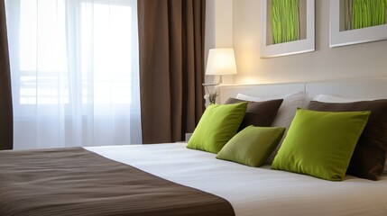 Fototapeta premium A cozy hotel bedroom featuring a bed with green pillows and natural light.
