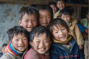Group of asian children smiling and looking at camera.