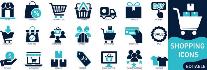 shopping icon set Solid flat vector icons collection.