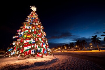 A Christmas tree decorated with flags from around the world, symbolizing global unity and holiday spirit