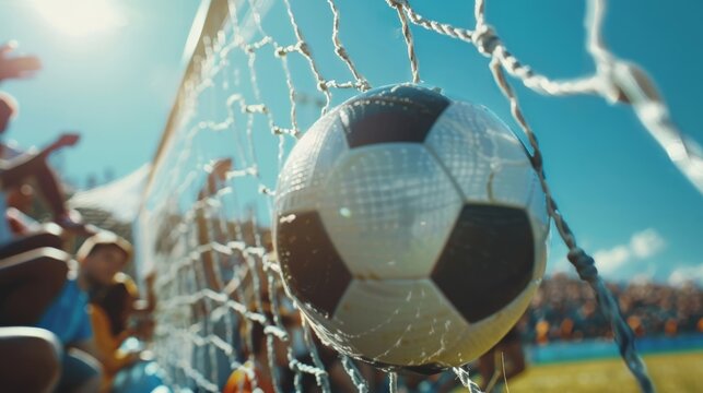 Dynamic shot of a soccer ball flying into the net with the crowd in the background