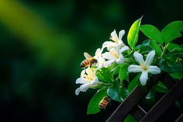Obraz premium A Honeysuckle vine climbing a garden trellis, its fragrant flowers attracting bees and butterflies in the sunlight