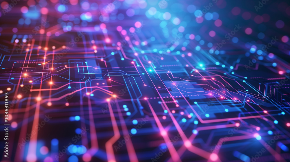 Poster digital cyber tech background with glowing circuit board pattern with radiant blue and purple tones,