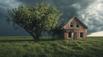 Obraz premium A solitary, weathered house beside a large tree under a stormy sky in a grassy field.