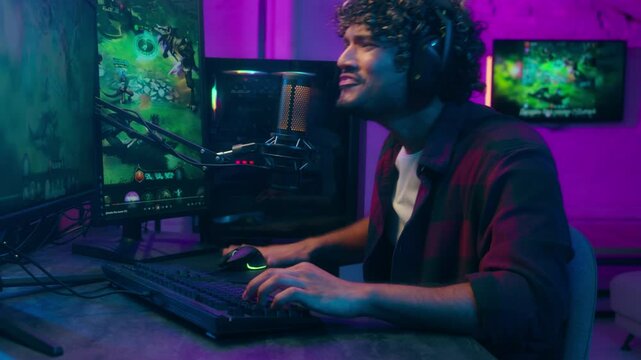 Unhappy African American man male guy stream player game loss failure disappointed cyber sport computer pc technology virtual tournament championship competition annoyed influence displeased addiction