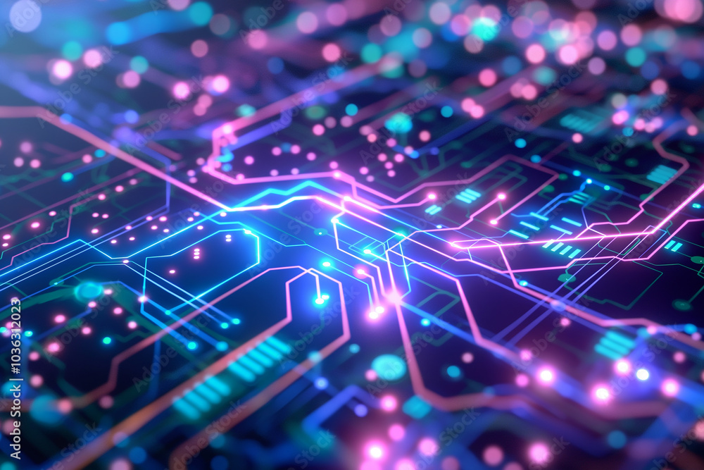 Poster digital cyber tech background with glowing circuit board pattern with radiant blue and purple tones,
