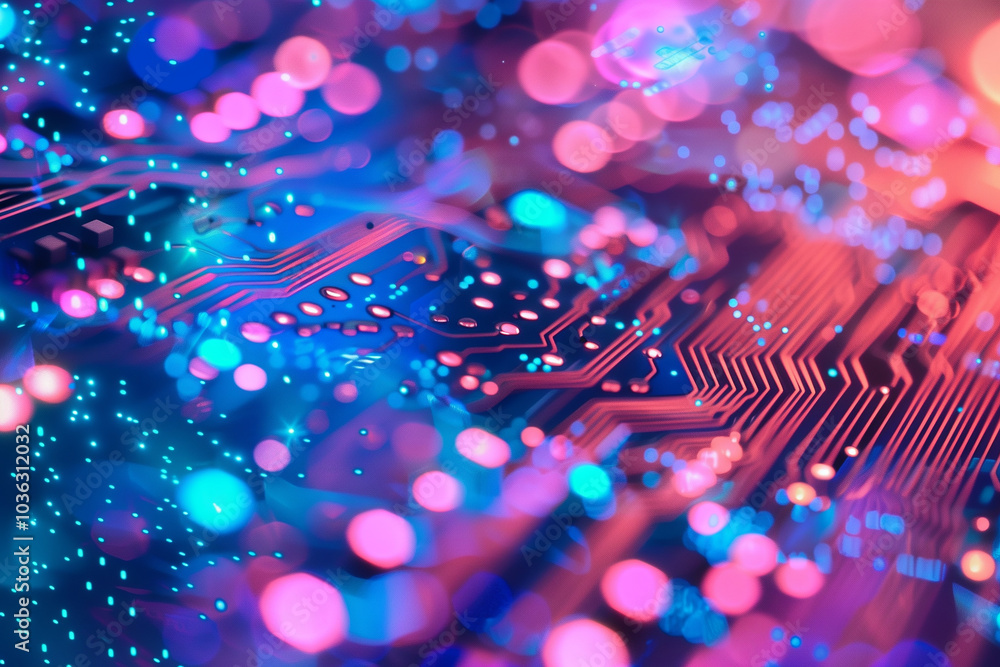 Poster digital cyber tech background with glowing circuit board pattern with radiant blue and purple tones,