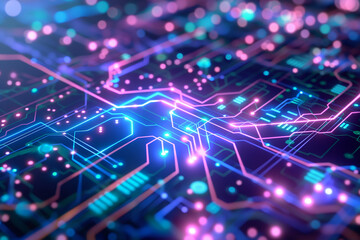 Fototapeta premium digital cyber tech background with Glowing circuit board pattern with radiant blue and purple tones, interwoven with data streams flowing in the background.
