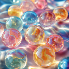Glass marbles in pastel shades, soft and muted colors with light reflections, subtle transparency and soft highlights, delicate and calm background design