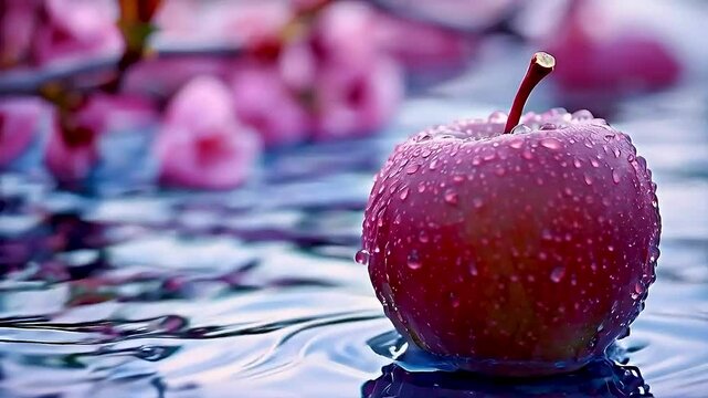 a red apple  sitting in  water  with  pink flowers in the background