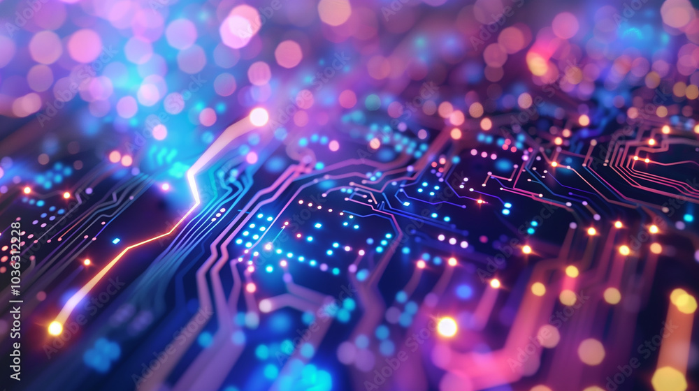 Poster digital cyber tech background with glowing circuit board pattern with radiant blue and purple tones,