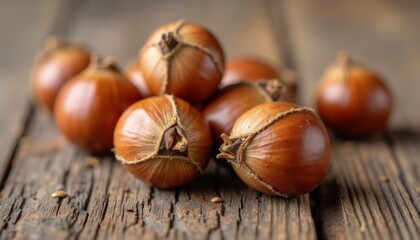 Obraz premium Autumn bounty Freshly harvested chestnuts on a rustic wooden surface