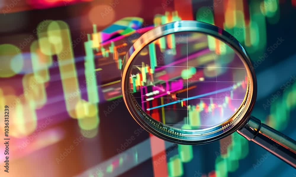 Poster a magnifying glass over an interactive graph displaying stock market trends, symbolizing the importa