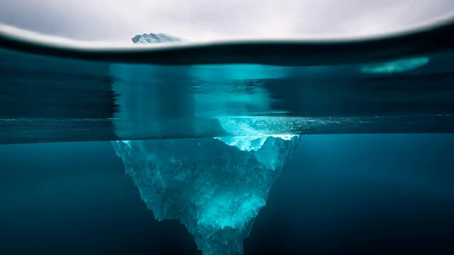 A large iceberg floats in the icy water, a small portion visible above the surface, while the majority of its mass is hidden below