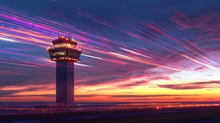 Airport control tower enveloped in twilight, with a backdrop of streaming lights.