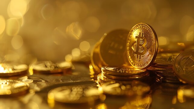 A collection of shiny gold Bitcoin coins reflecting light, symbolizing cryptocurrency and digital finance.