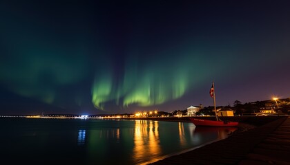 Fototapeta premium Stunning aurora borealis over a tranquil waterfront at night.