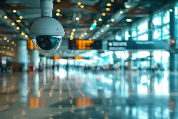 Active surveillance camera in an airport terminal highlights critical safety measures.