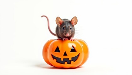  A tiny mouse on a Halloween pumpkin