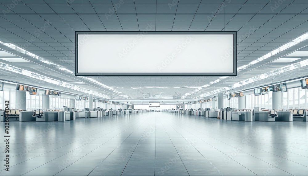 Poster long digital display hovers over check-in counters in a spacious airport terminal.